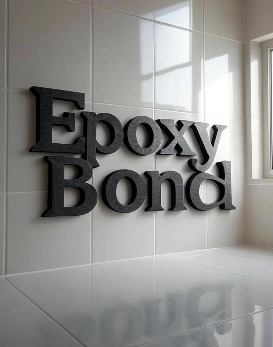 Epoxy Bond dimensional lettering on grey tiles — supplied We Fix Leaks brand image
