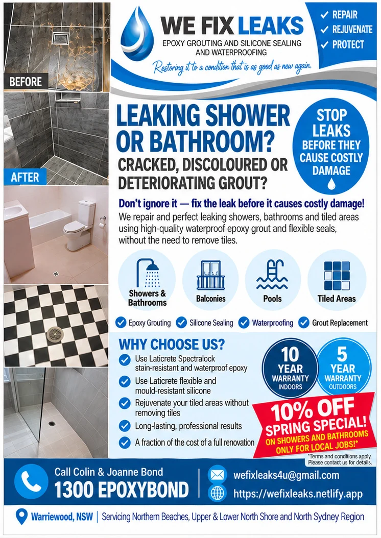 We Fix Leaks Spring Special leaflet for shower and bathroom leak repairs